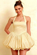 Carolyn Lemon Lace-up Halter Mini Dress with Ruching