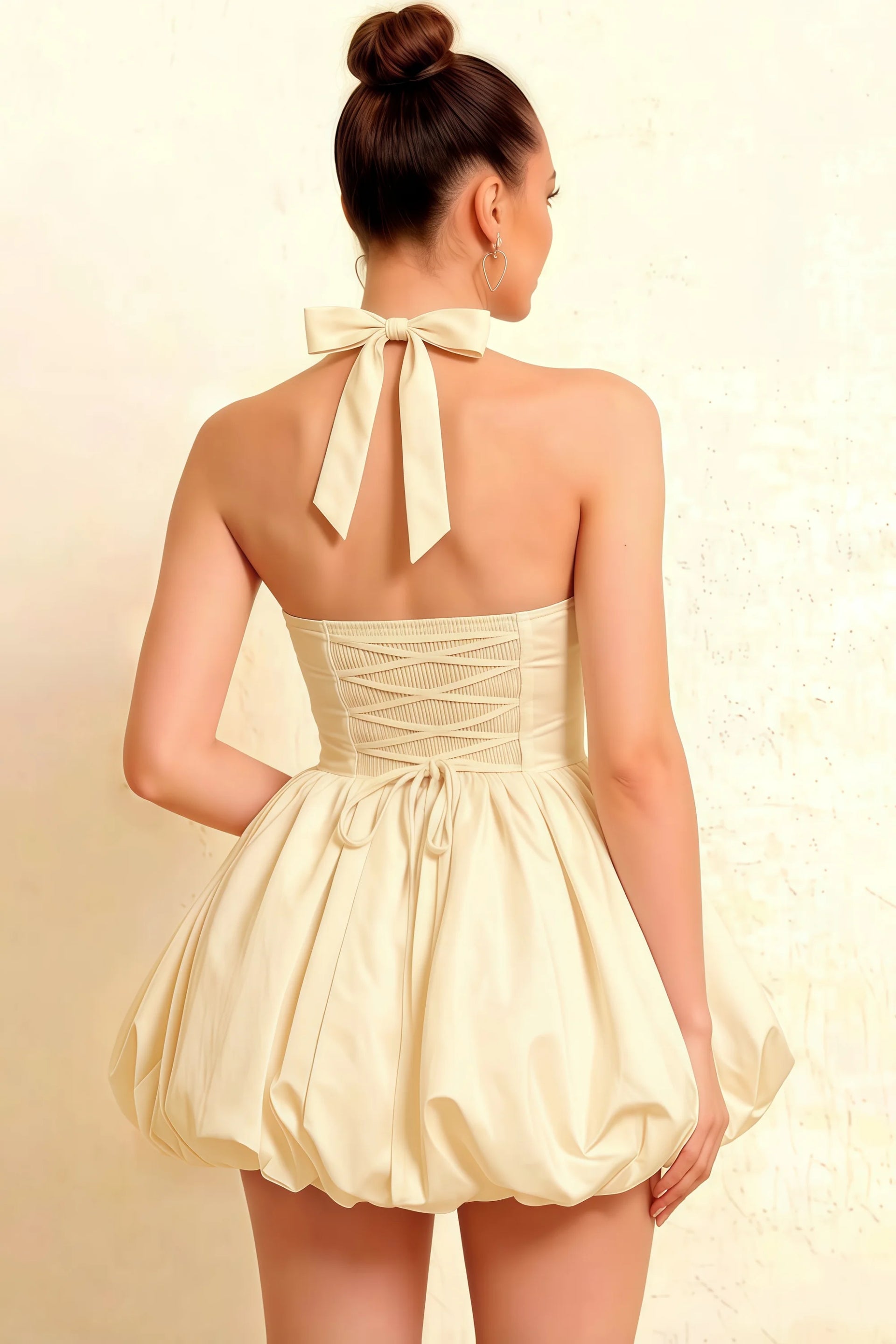 Carolyn Lemon Lace-up Halter Mini Dress with Ruching