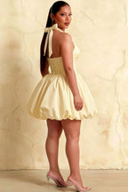 Carolyn Lemon Lace-up Halter Mini Dress with Ruching