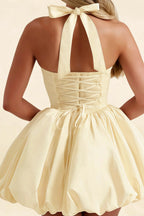 Carolyn Lemon Lace-up Halter Mini Dress with Ruching