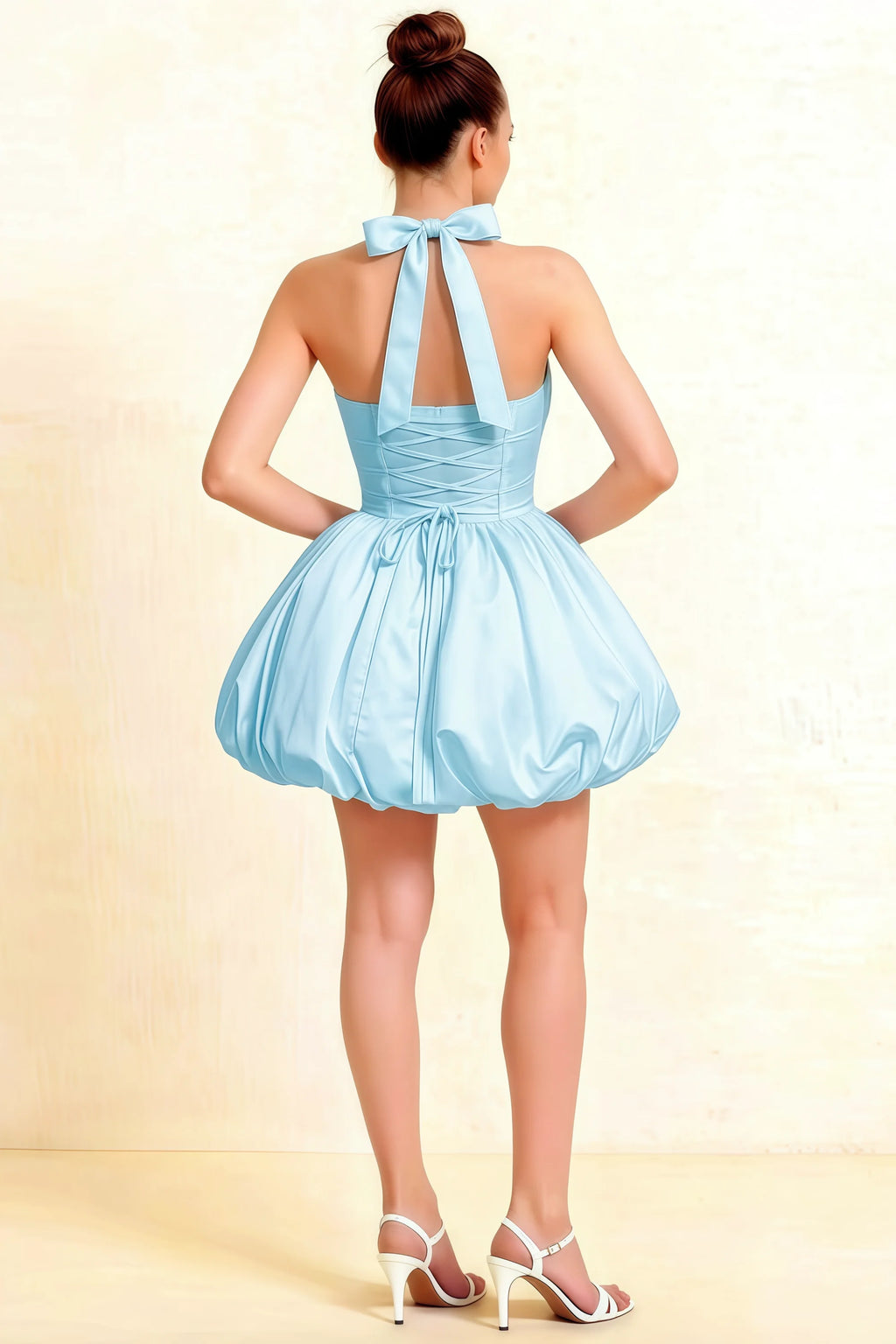 Carolyn Light Blue Lace-up Halter Mini Dress with Ruching