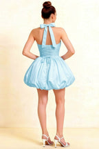 Carolyn Light Blue Lace-up Halter Mini Dress with Ruching