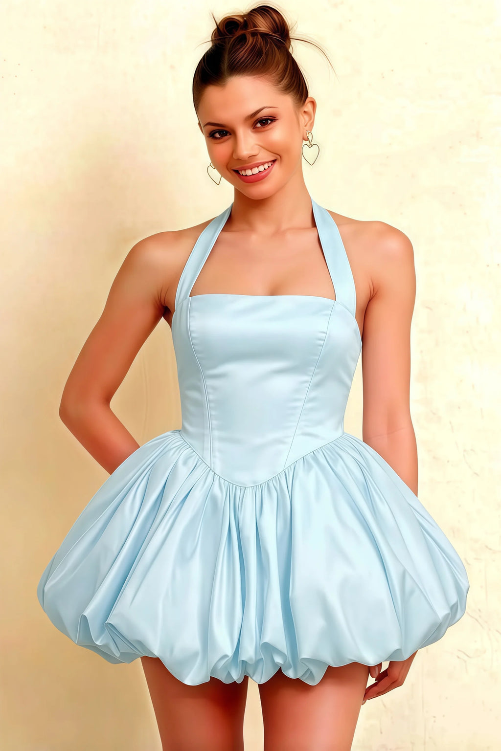 Carolyn Light Blue Lace-up Halter Mini Dress with Ruching