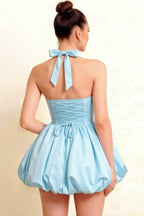 Carolyn Light Blue Lace-up Halter Mini Dress with Ruching