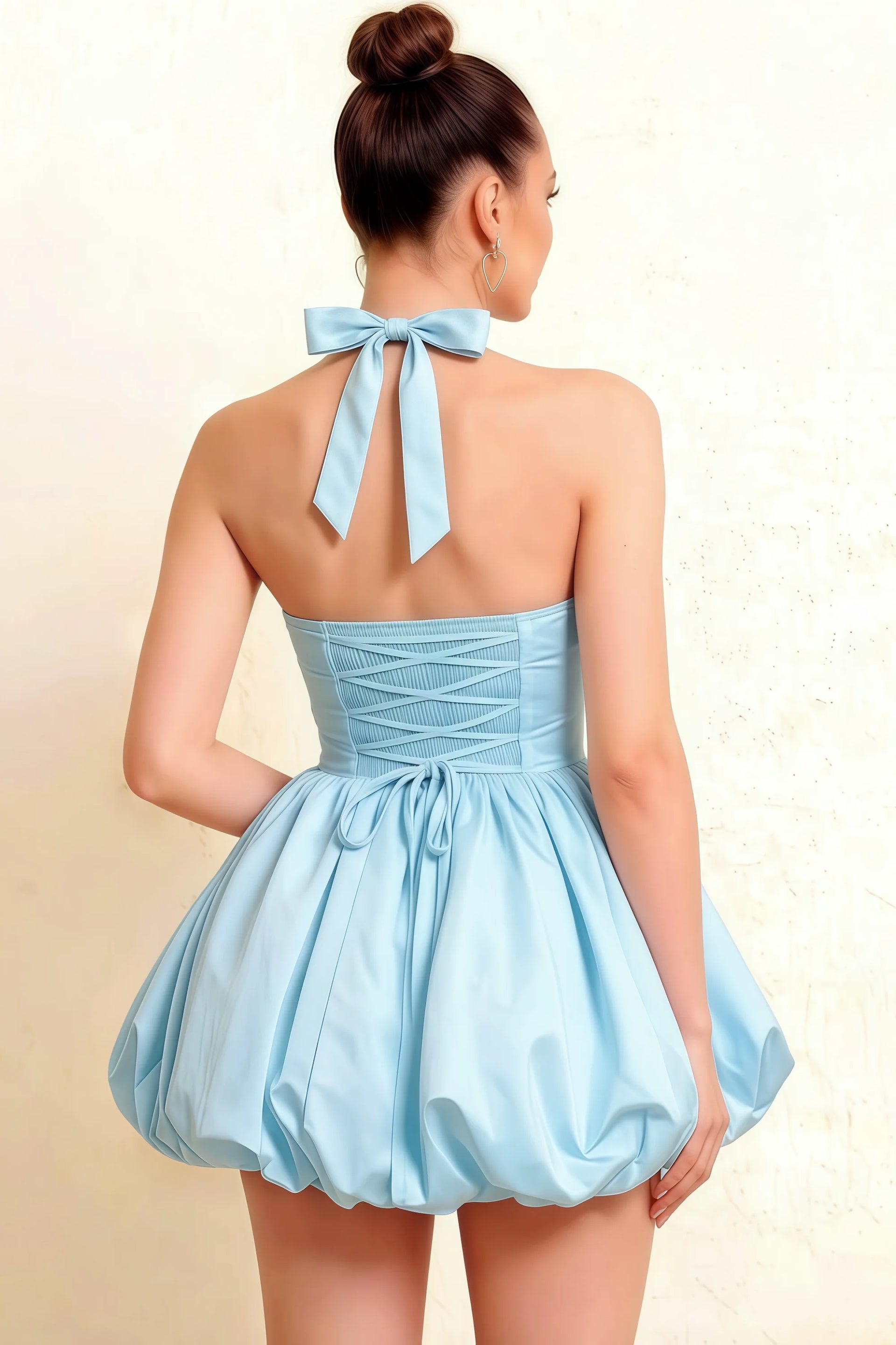 Carolyn Light Blue Lace-up Halter Mini Dress with Ruching