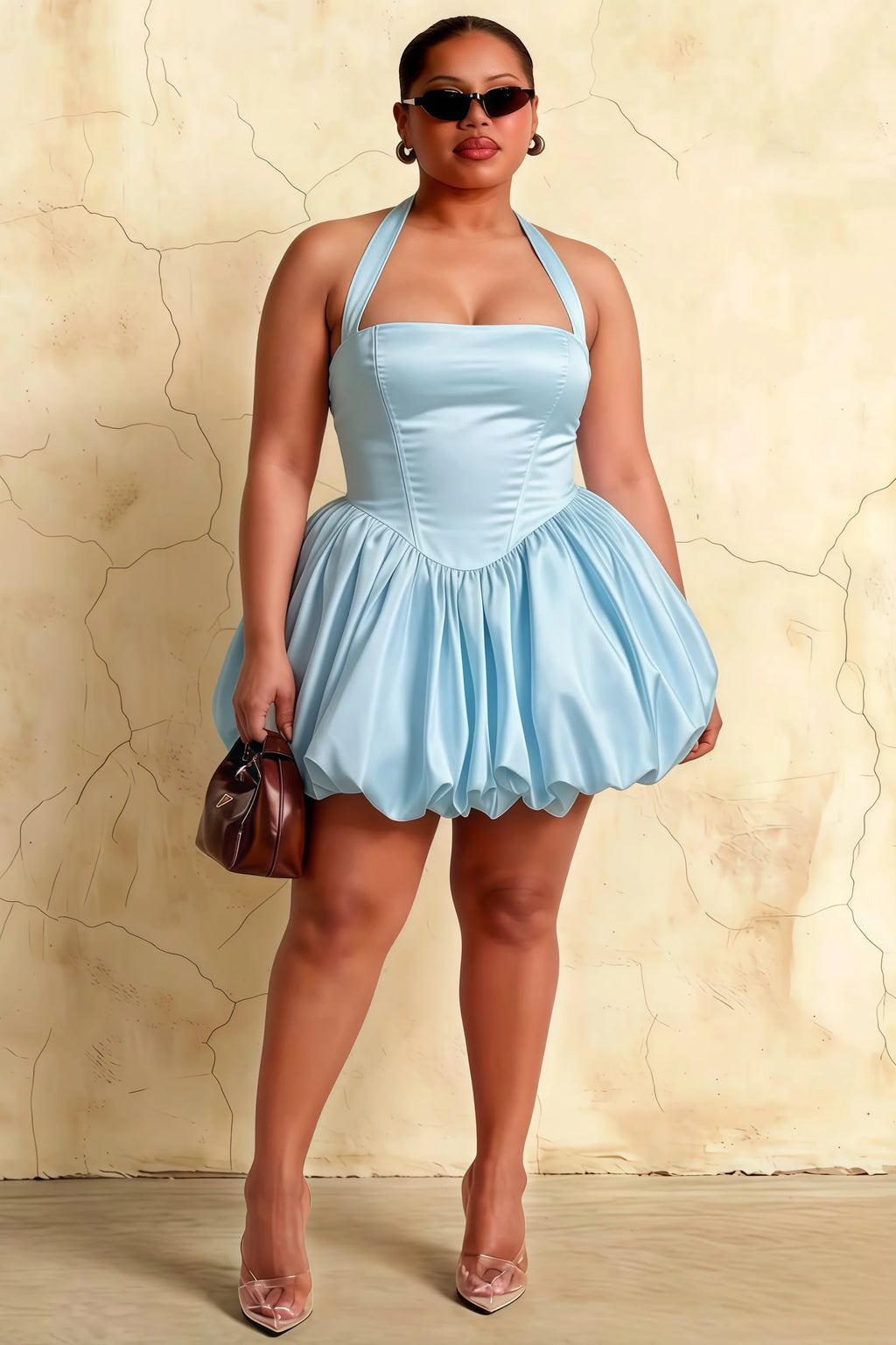 Carolyn Light Blue Lace-up Halter Mini Dress with Ruching