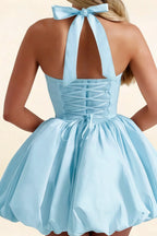 Carolyn Light Blue Lace-up Halter Mini Dress with Ruching