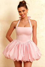 Carolyn Light Pink Lace-up Halter Mini Dress with Ruching