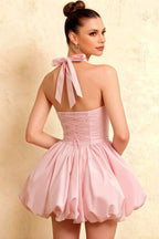 Carolyn Light Pink Lace-up Halter Mini Dress with Ruching