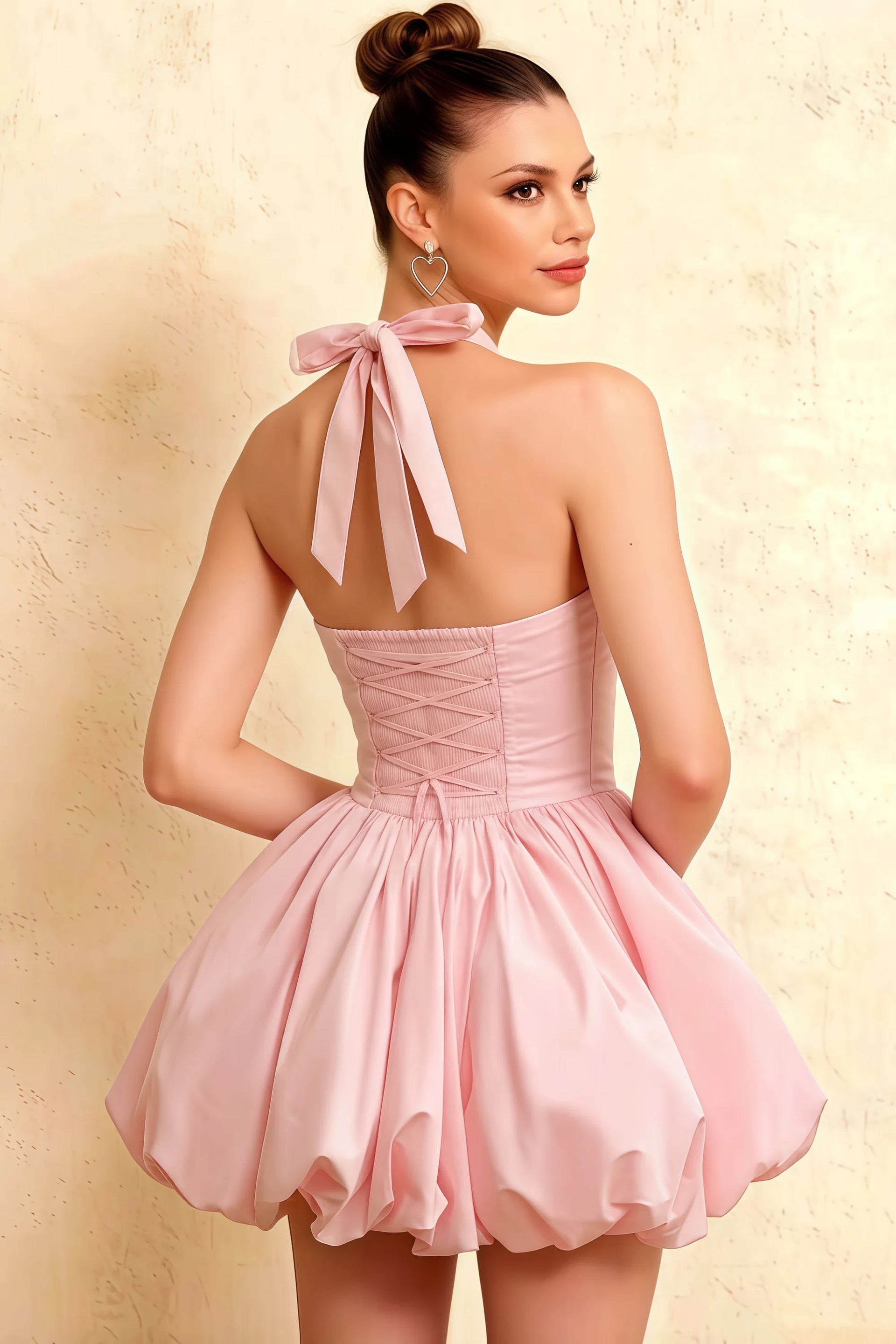Carolyn Light Pink Lace-up Halter Mini Dress with Ruching