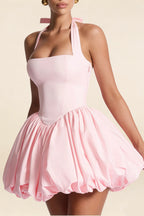 Carolyn Light Pink Lace-up Halter Mini Dress with Ruching