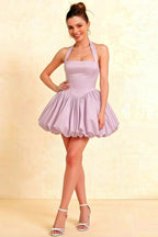 Carolyn Lilac Lace-up Halter Mini Dress with Ruching