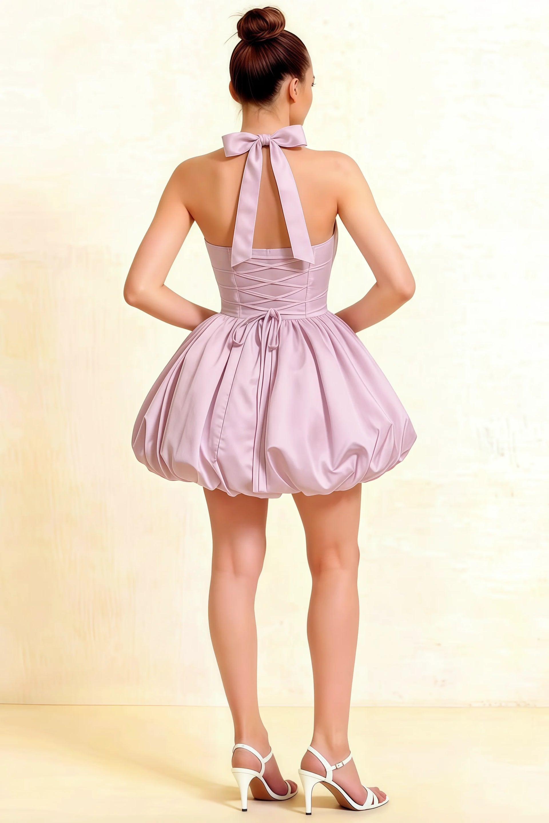 Carolyn Lilac Lace-up Halter Mini Dress with Ruching