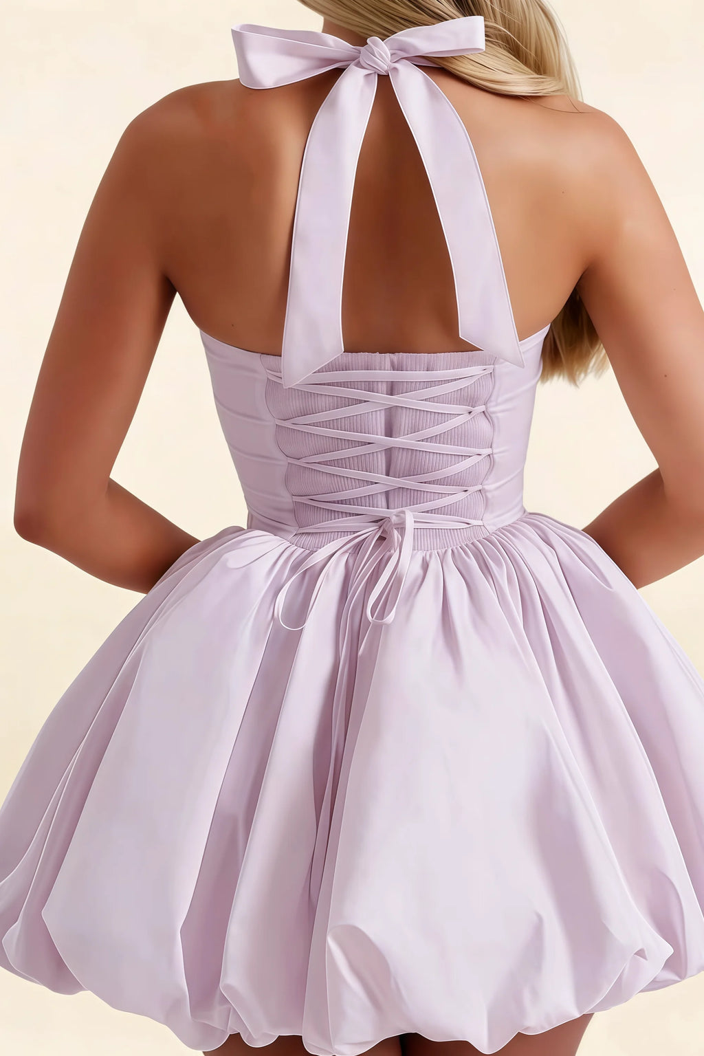 Carolyn Lilac Lace-up Halter Mini Dress with Ruching