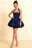 Carolyn Navy Lace-up Halter Mini Dress with Ruching