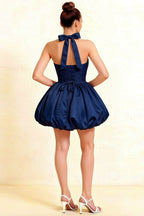 Carolyn Navy Lace-up Halter Mini Dress with Ruching