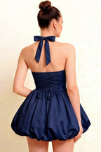 Carolyn Navy Lace-up Halter Mini Dress with Ruching
