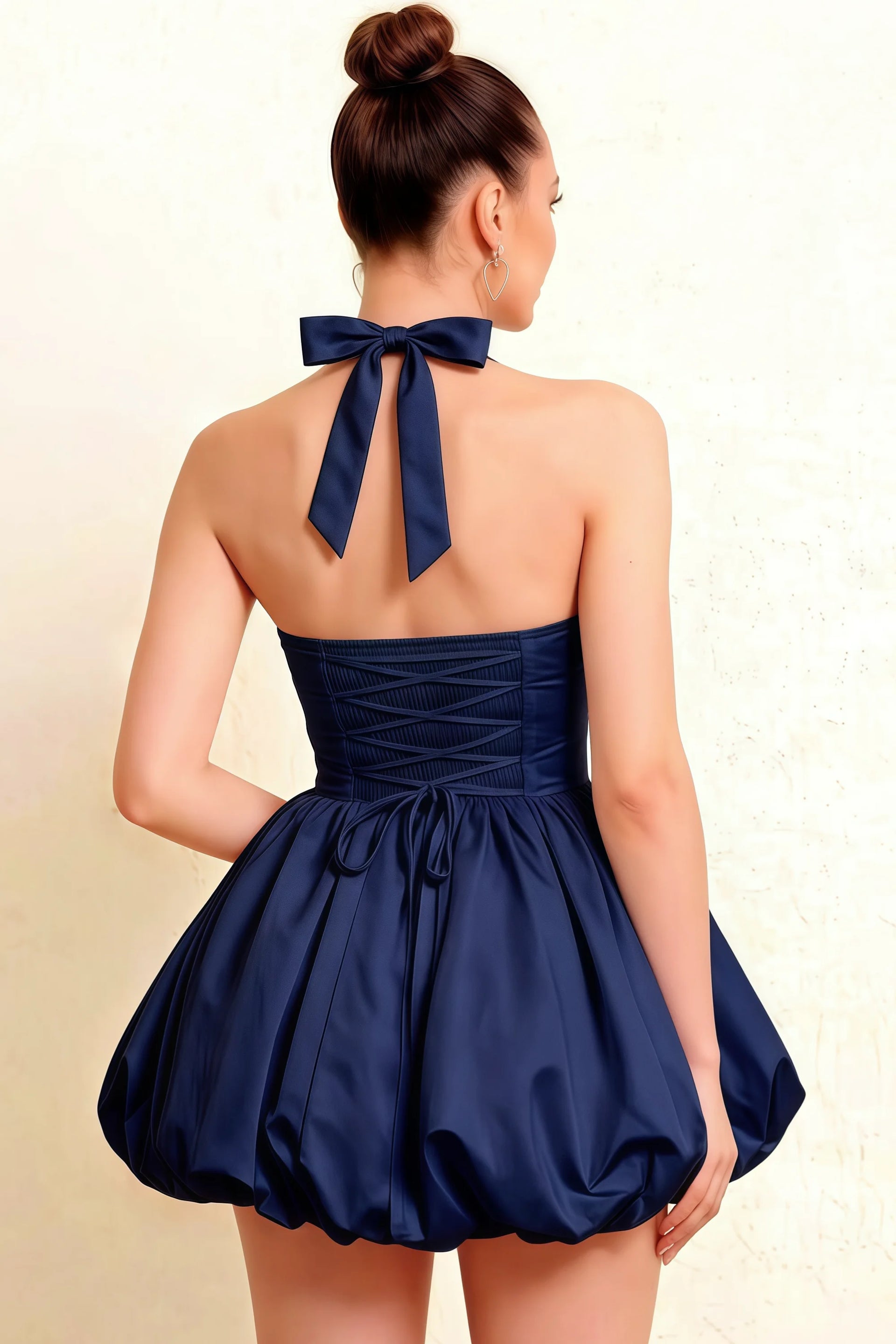 Carolyn Navy Lace-up Halter Mini Dress with Ruching