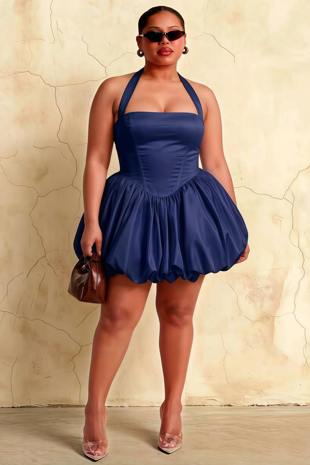 Carolyn Navy Lace-up Halter Mini Dress with Ruching