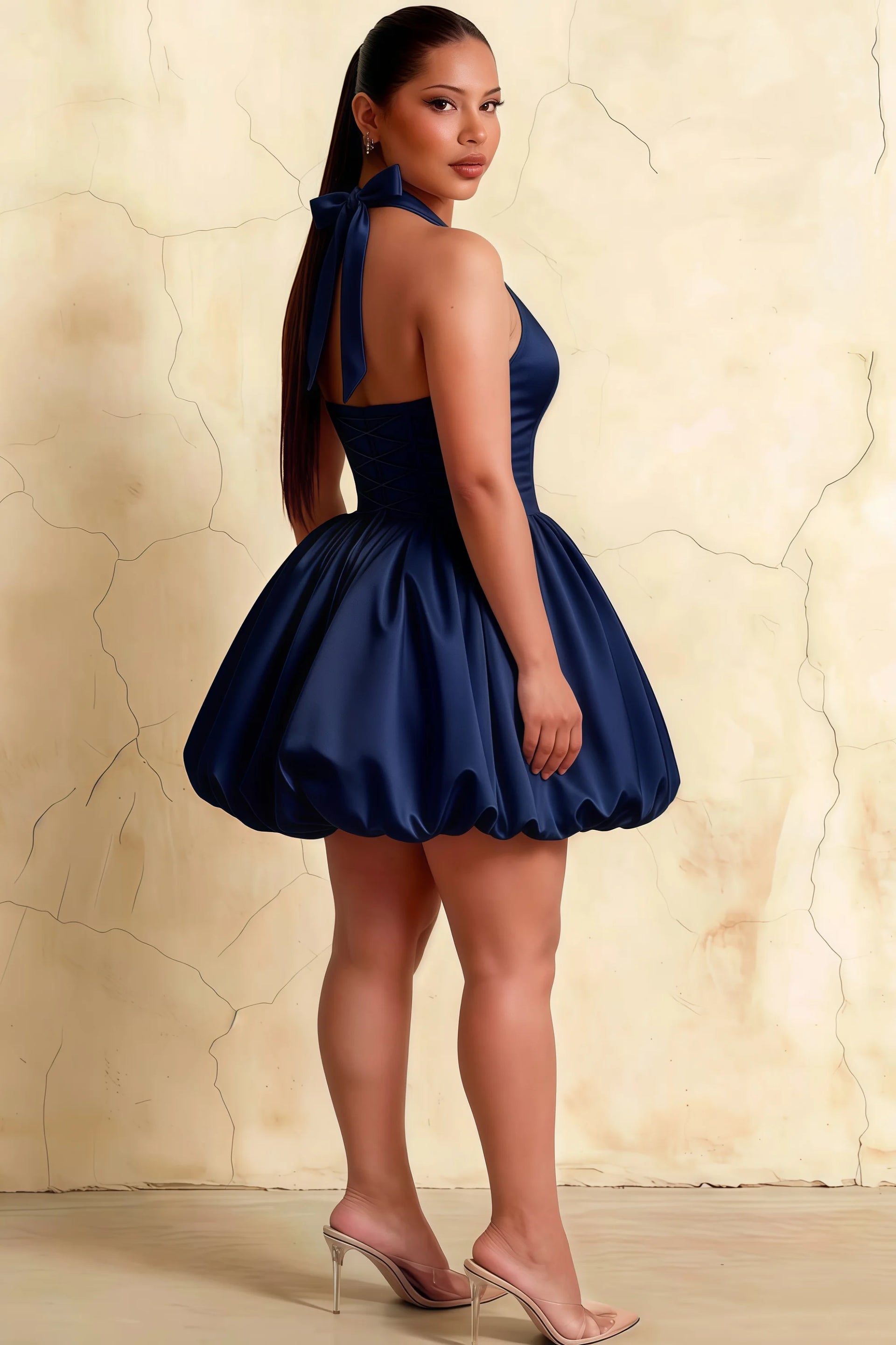 Carolyn Navy Lace-up Halter Mini Dress with Ruching