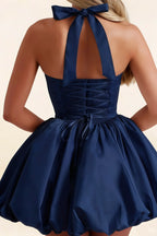 Carolyn Navy Lace-up Halter Mini Dress with Ruching