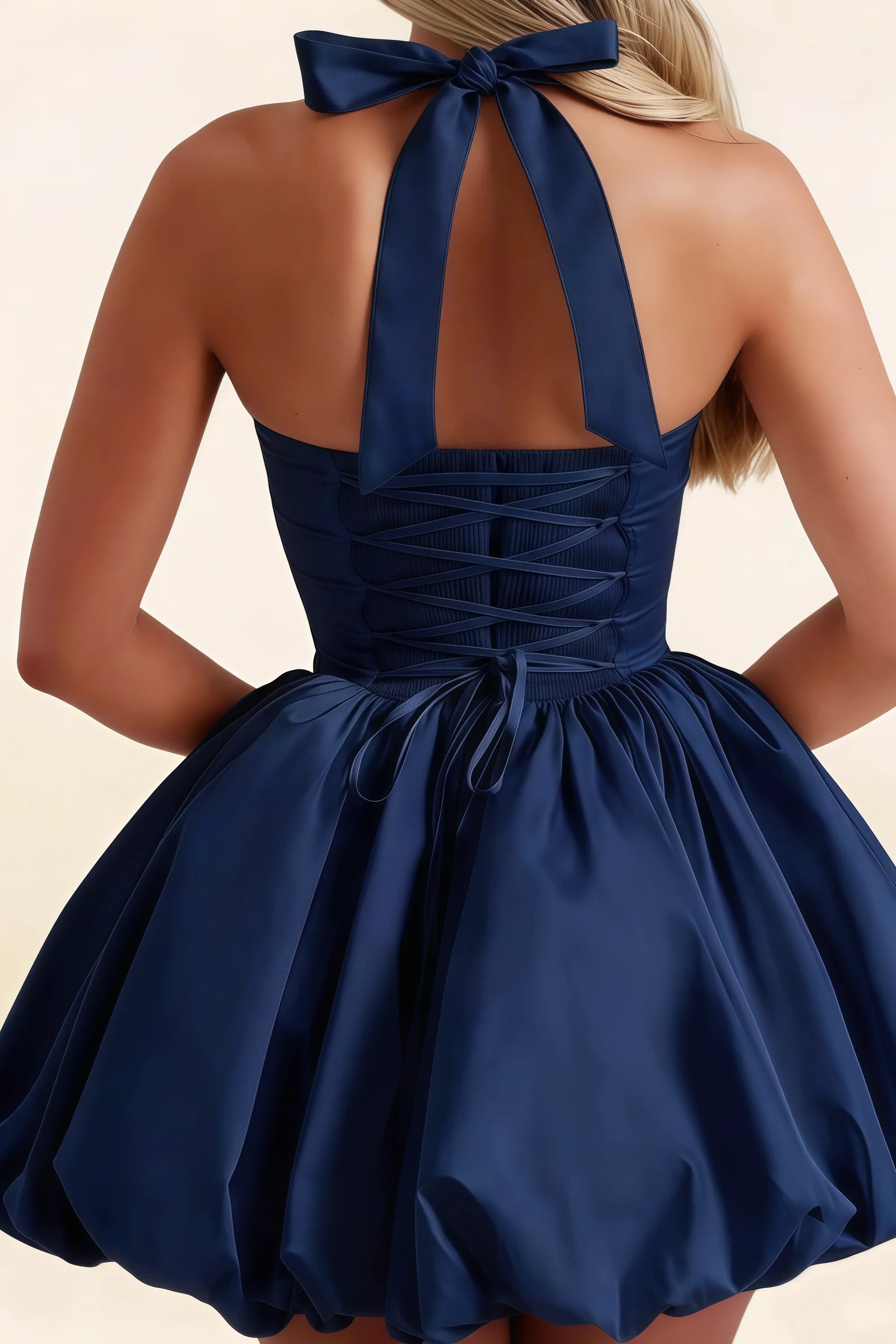 Carolyn Navy Lace-up Halter Mini Dress with Ruching