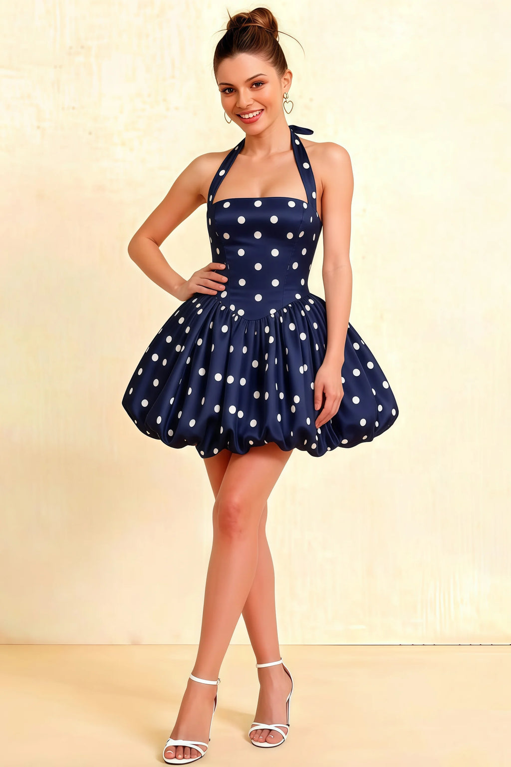 Carolyn Navy Polka Dot Lace-up Halter Mini Dress with Ruching