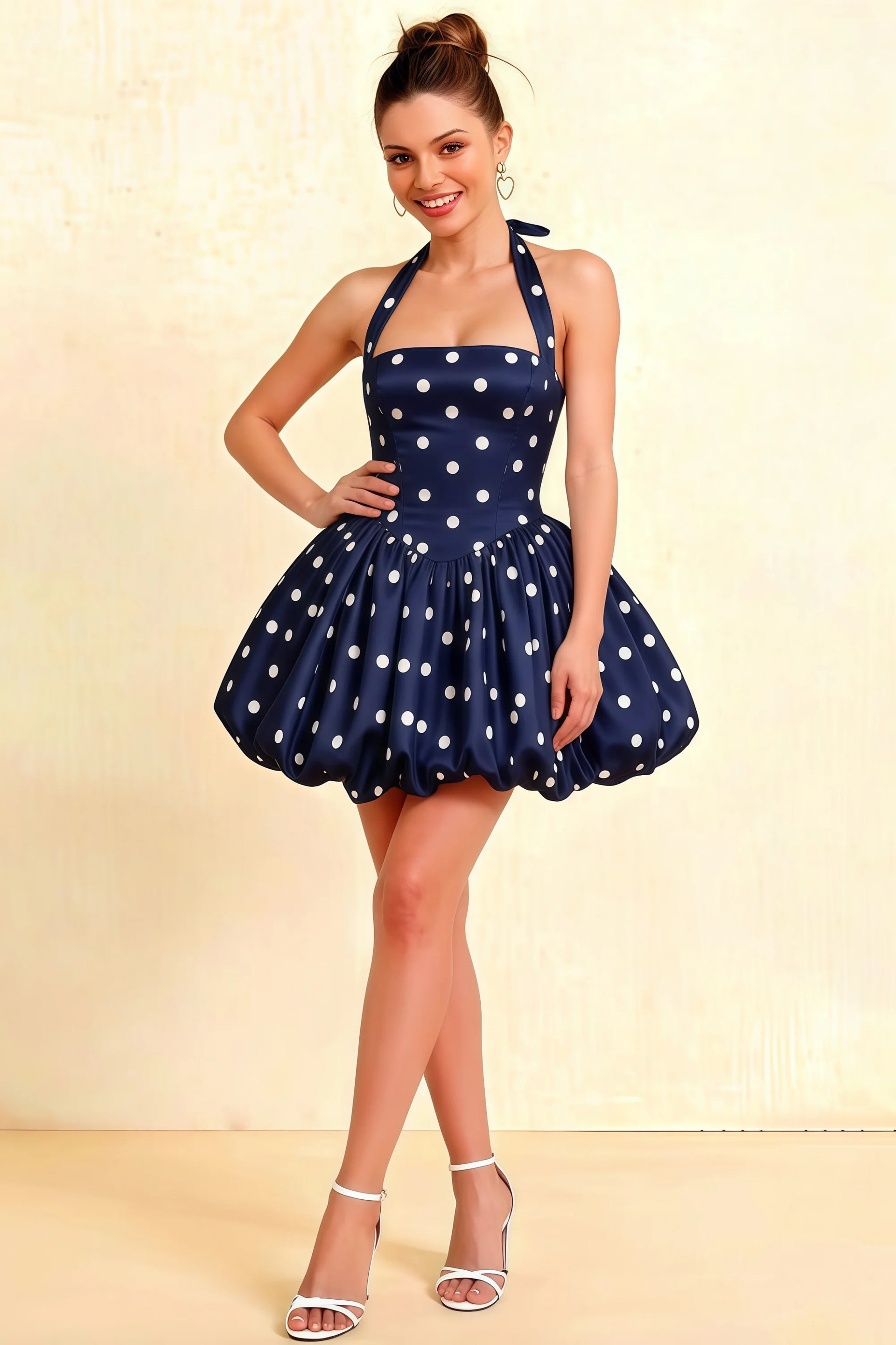 Carolyn Navy Polka Dot Lace-up Halter Mini Dress with Ruching