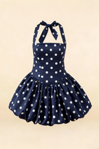 Carolyn Navy Polka Dot Lace-up Halter Mini Dress with Ruching