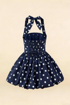 Carolyn Navy Polka Dot Lace-up Halter Mini Dress with Ruching