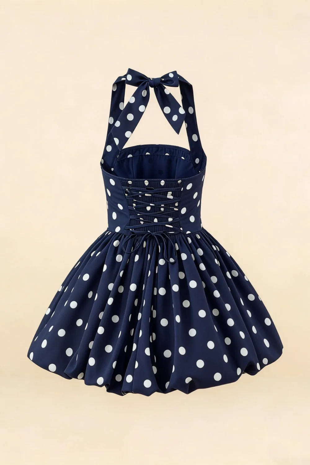 Carolyn Navy Polka Dot Lace-up Halter Mini Dress with Ruching