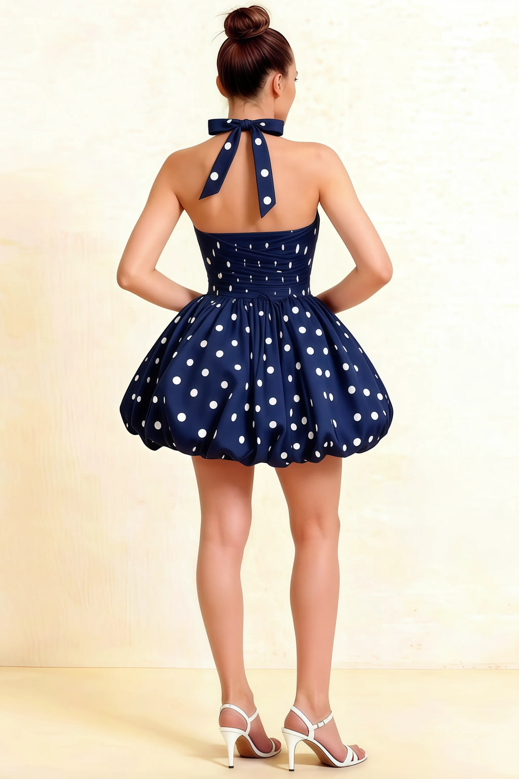 Carolyn Navy Polka Dot Lace-up Halter Mini Dress with Ruching