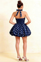 Carolyn Navy Polka Dot Lace-up Halter Mini Dress with Ruching