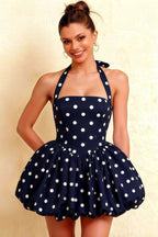 Carolyn Navy Polka Dot Lace-up Halter Mini Dress with Ruching