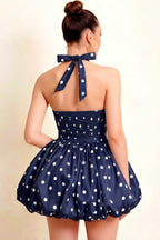 Carolyn Navy Polka Dot Lace-up Halter Mini Dress with Ruching