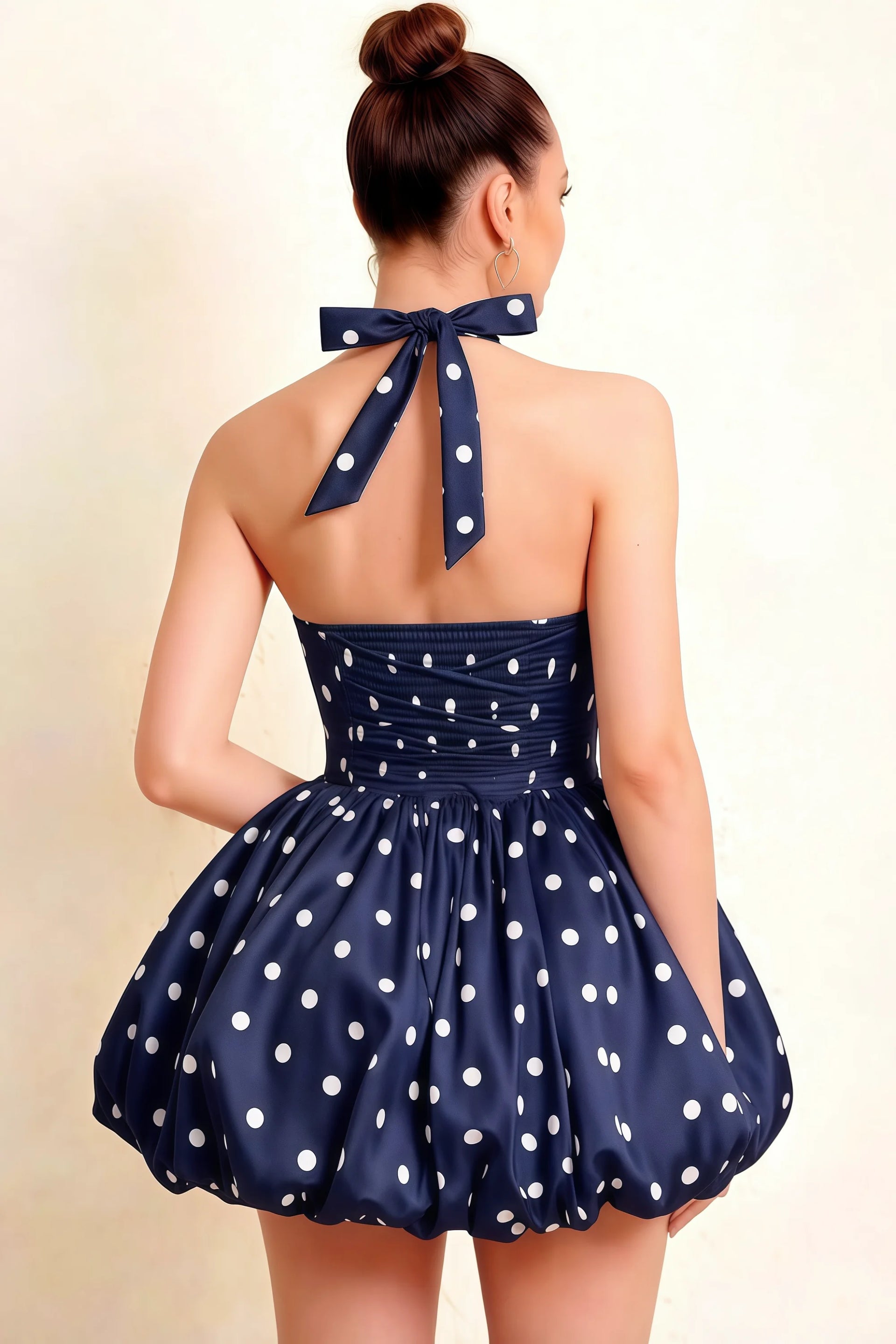 Carolyn Navy Polka Dot Lace-up Halter Mini Dress with Ruching
