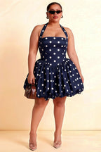 Carolyn Navy Polka Dot Lace-up Halter Mini Dress with Ruching