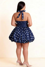 Carolyn Navy Polka Dot Lace-up Halter Mini Dress with Ruching