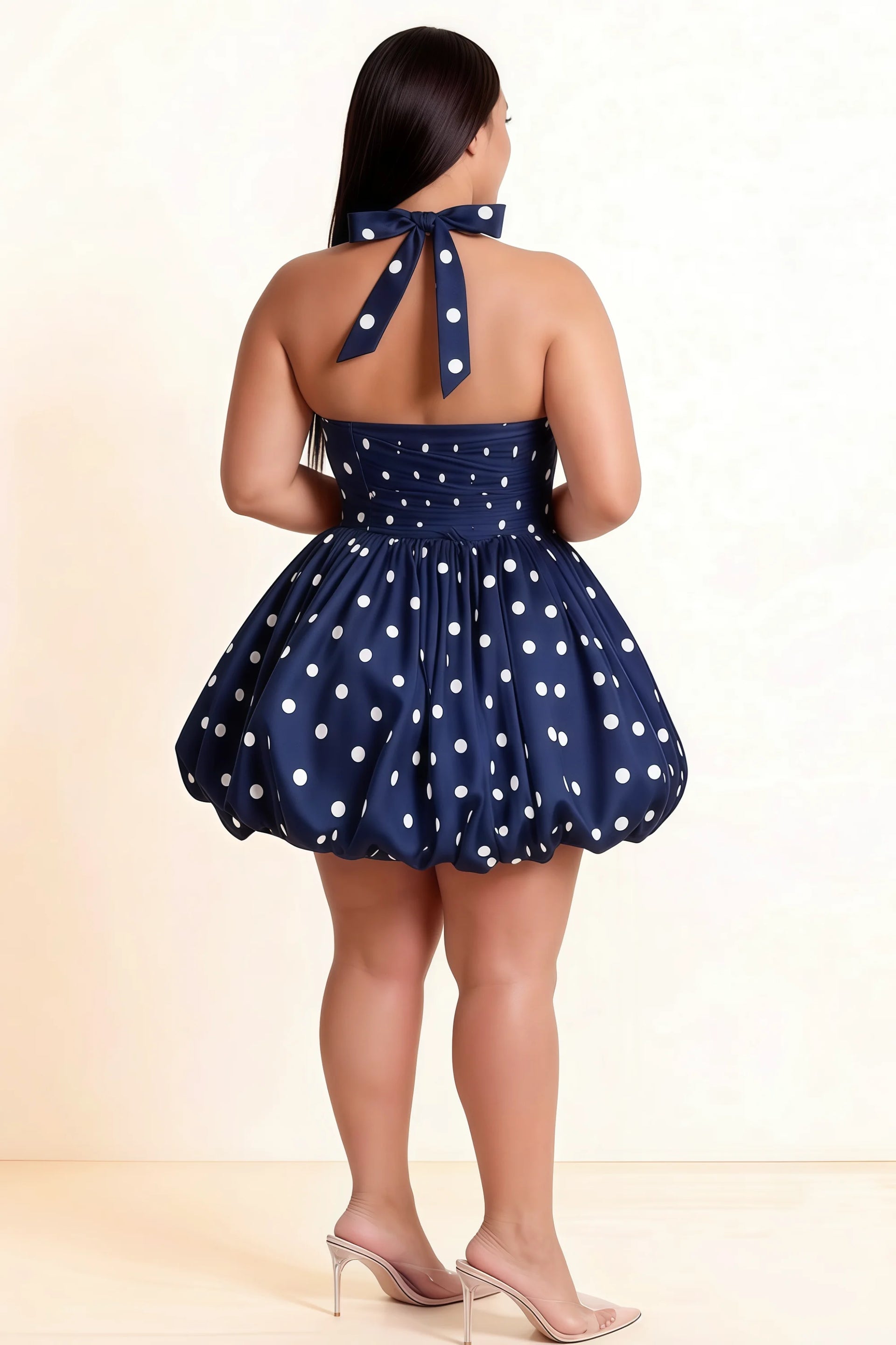 Carolyn Navy Polka Dot Lace-up Halter Mini Dress with Ruching