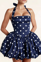 Carolyn Navy Polka Dot Lace-up Halter Mini Dress with Ruching