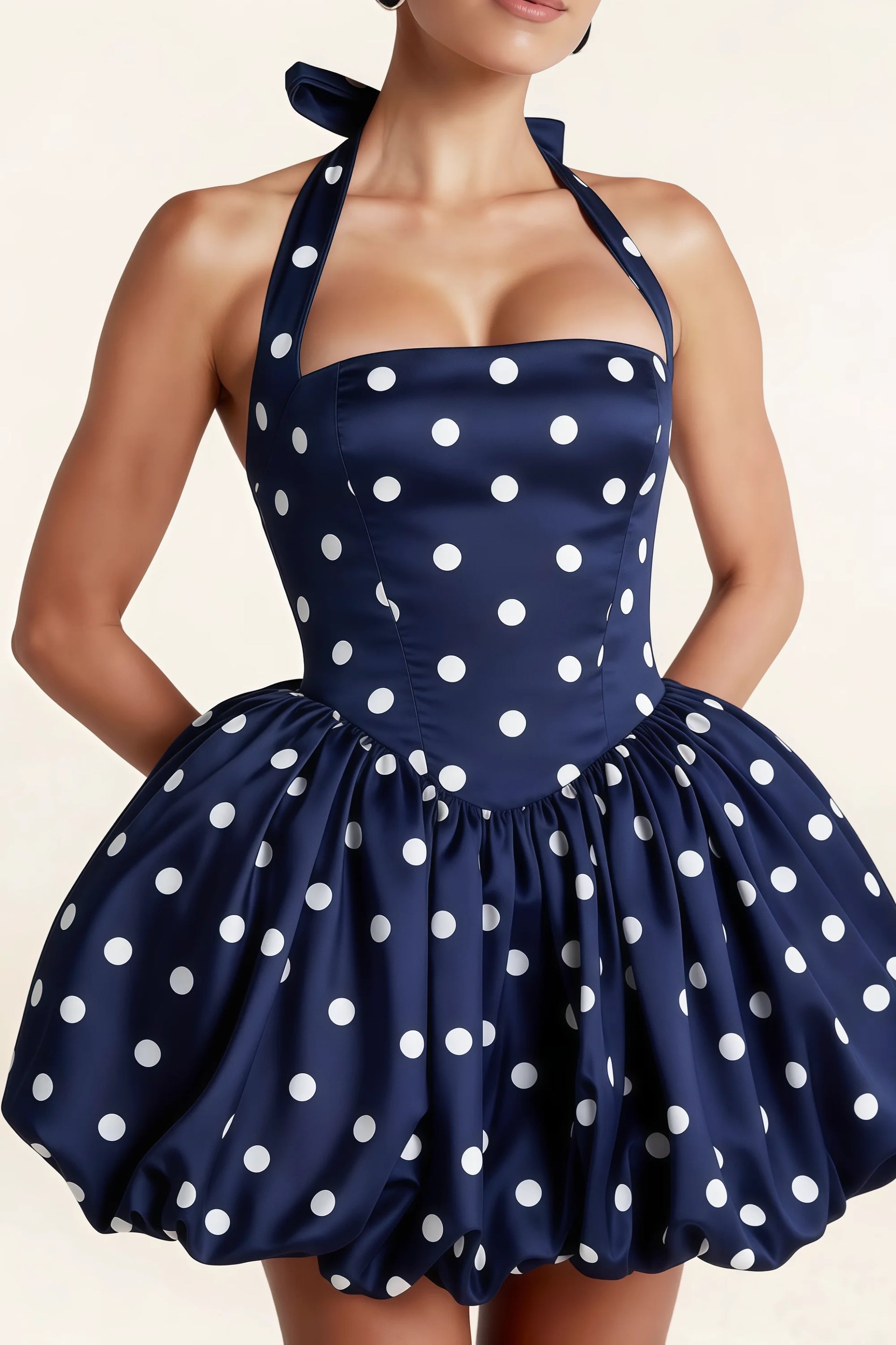 Carolyn Navy Polka Dot Lace-up Halter Mini Dress with Ruching