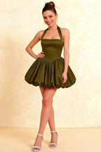 Carolyn Olive Lace-up Halter Mini Dress with Ruching