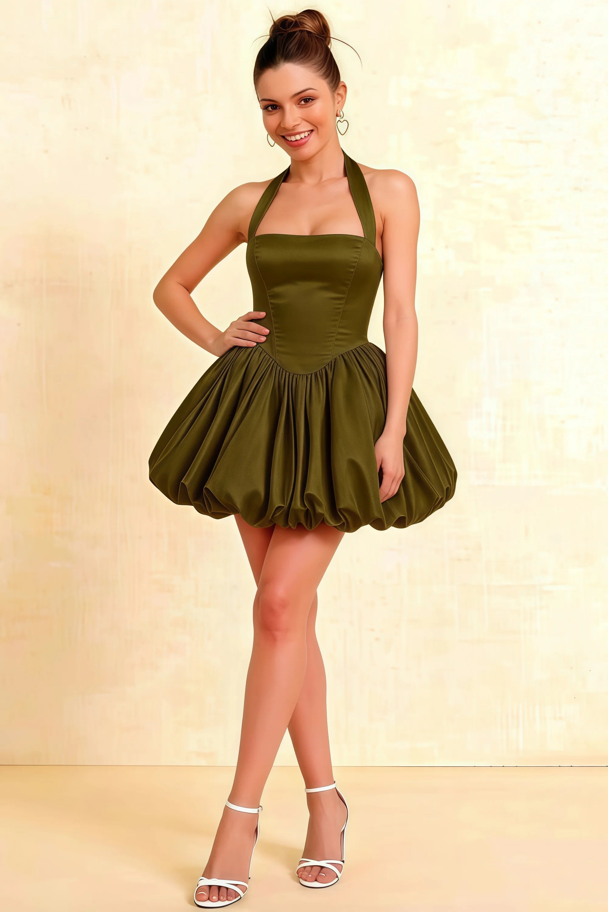 LVLVS Carolyn olive stretch cotton poplin halter mini dress with ruching, perfect for cocktail parties and summer brunches, front view showcasing sweetheart neckline and flared skirt. Main image