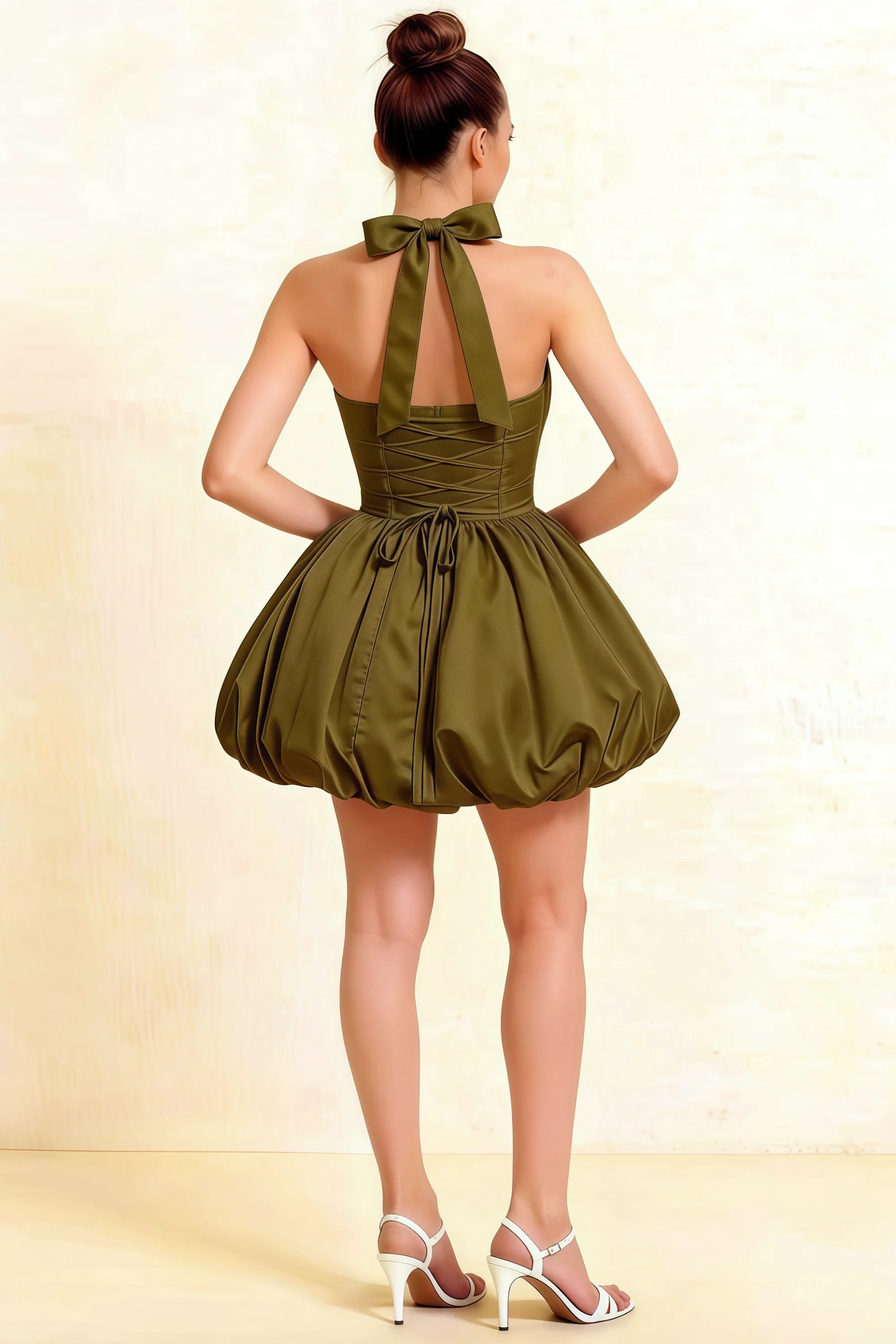 Carolyn Olive Lace-up Halter Mini Dress with Ruching