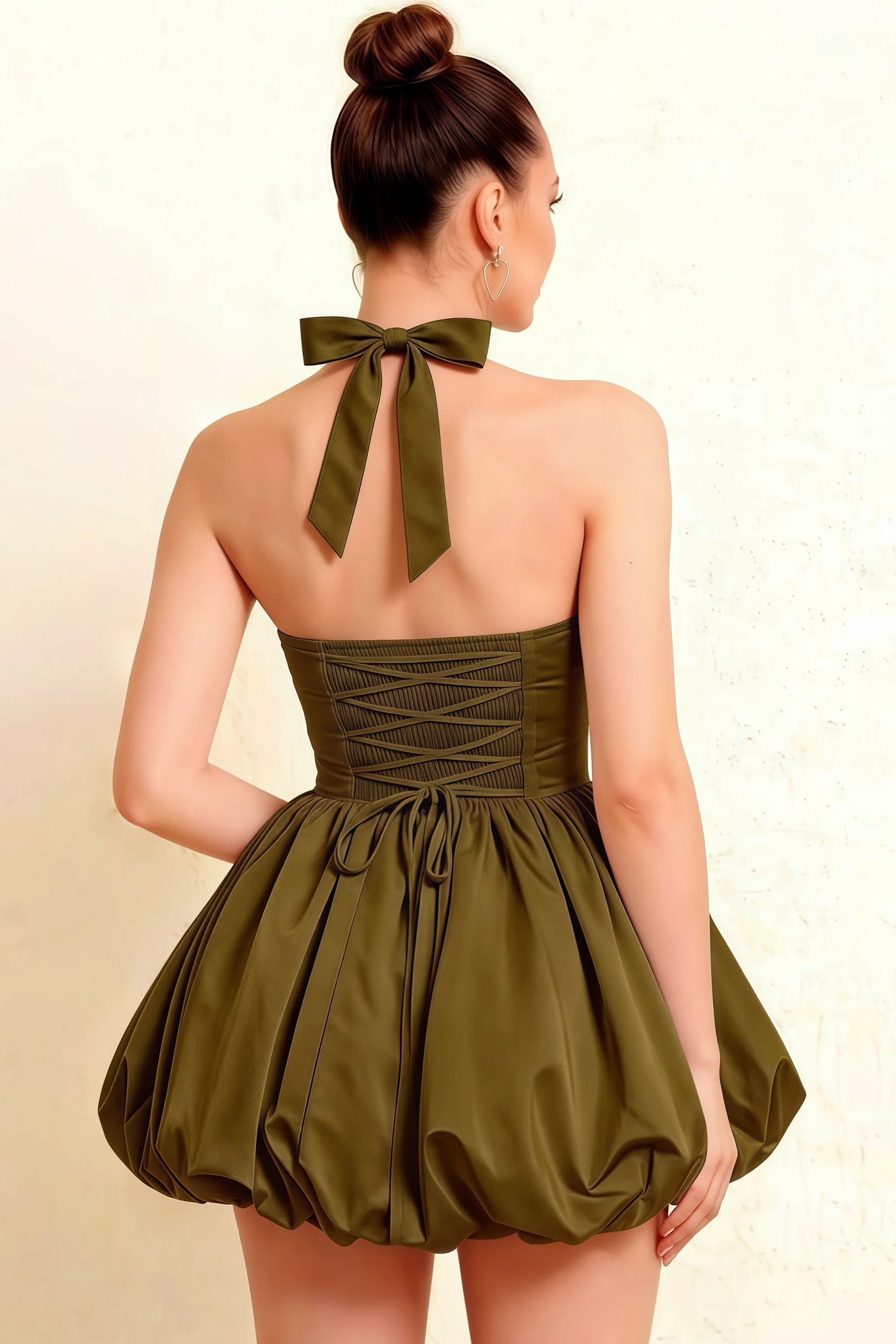 Carolyn Olive Lace-up Halter Mini Dress with Ruching