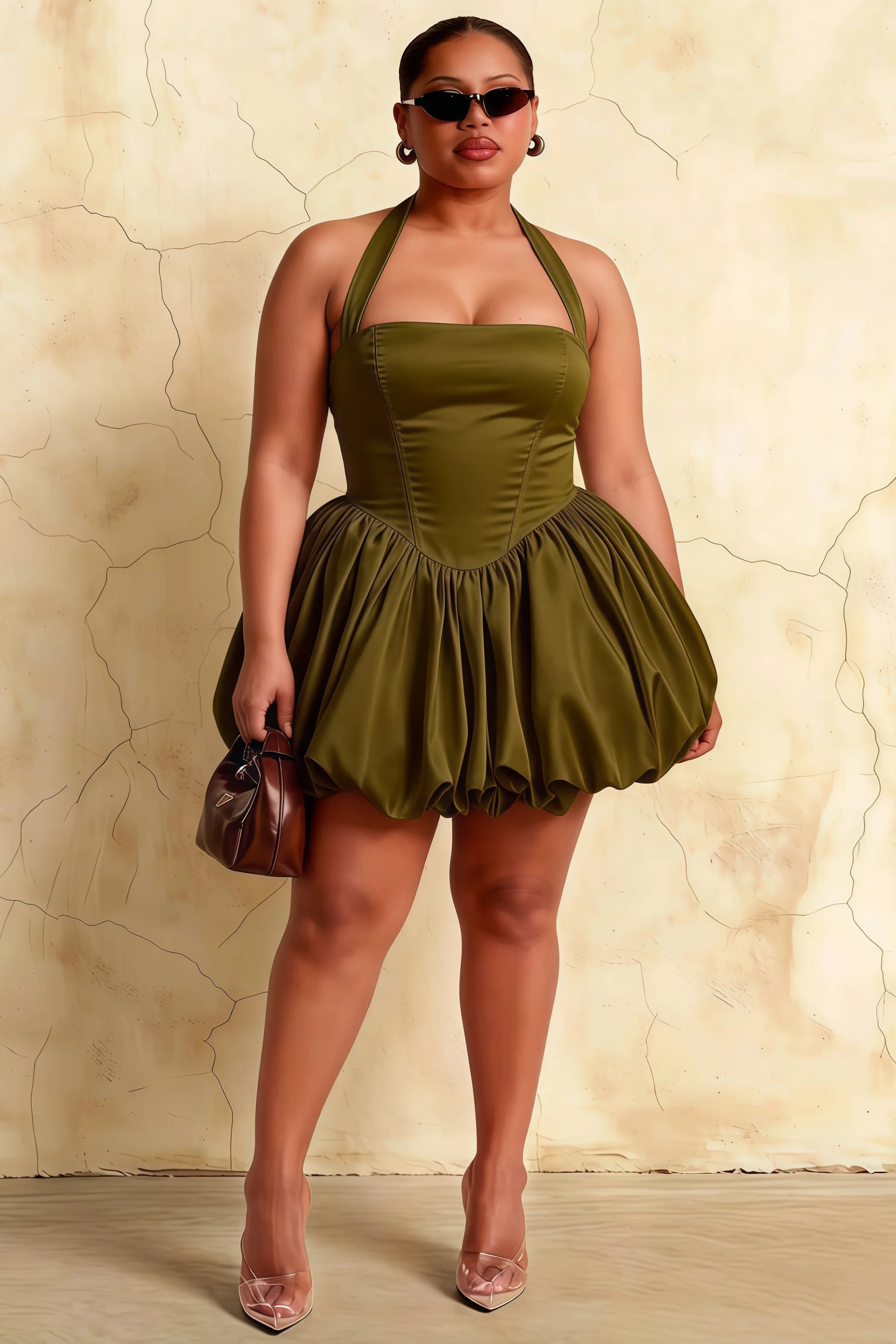 Carolyn Olive Lace-up Halter Mini Dress with Ruching