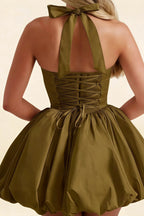 Carolyn Olive Lace-up Halter Mini Dress with Ruching