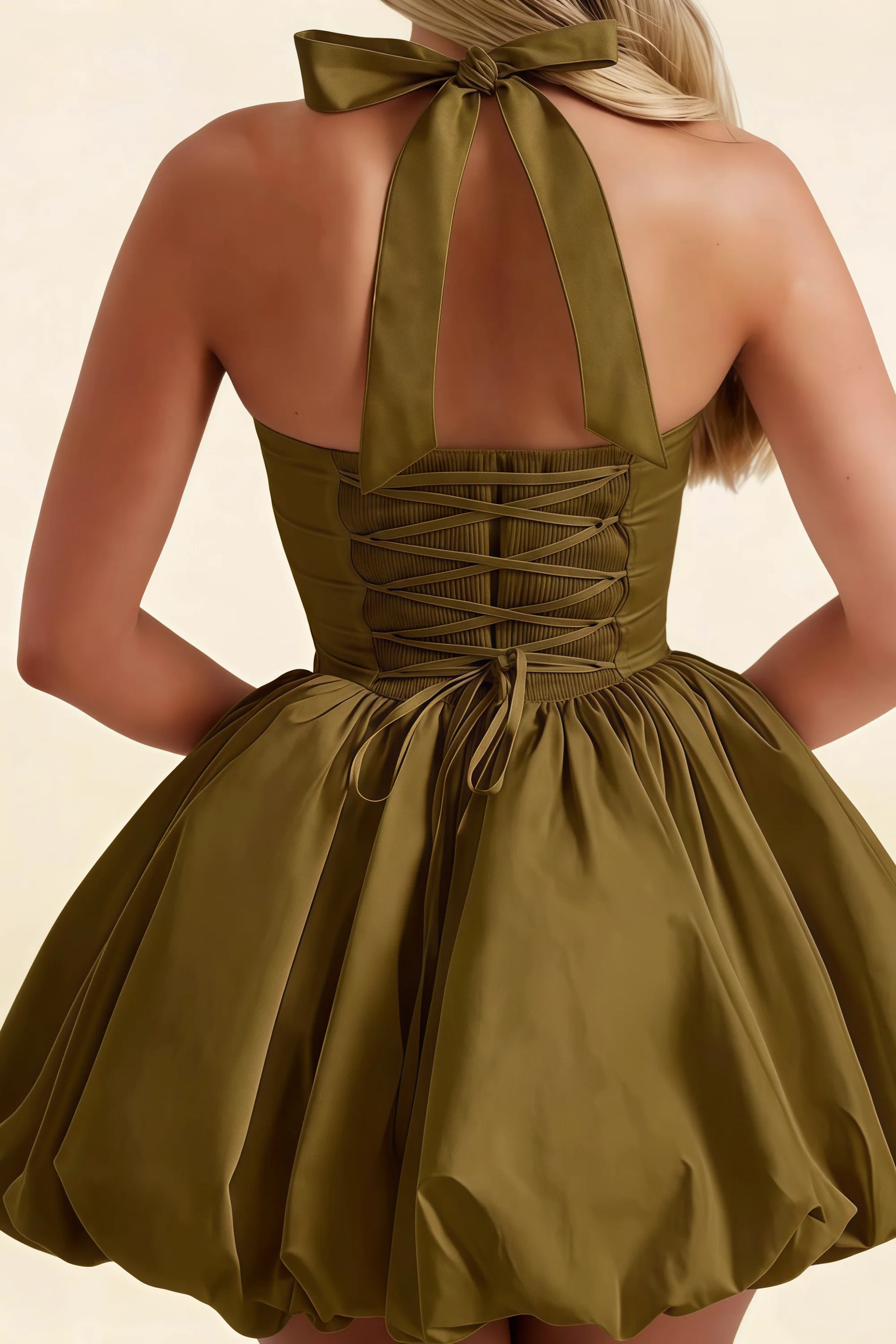 Carolyn Olive Lace-up Halter Mini Dress with Ruching