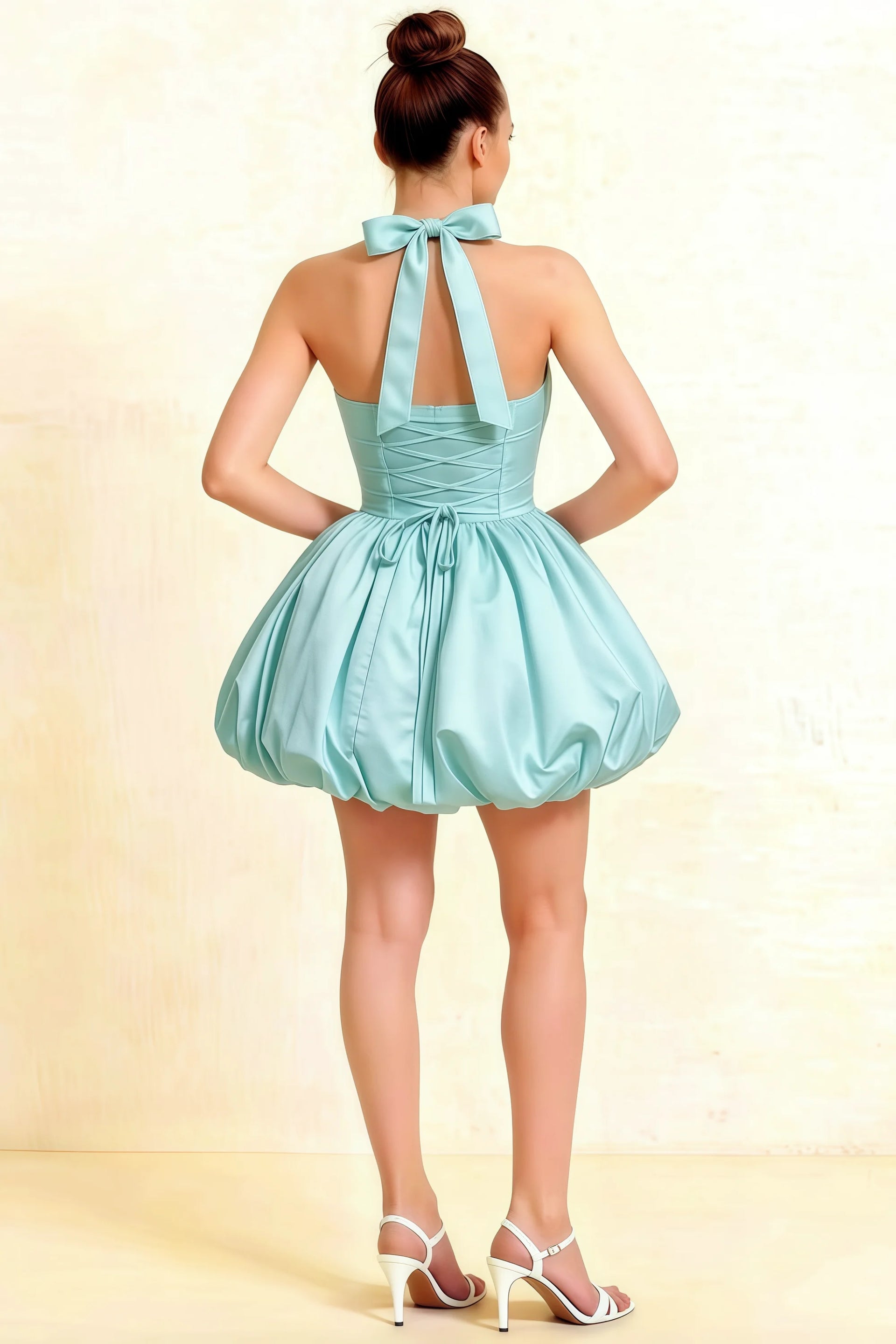Carolyn Powder Blue Lace-up Halter Mini Dress with Ruching