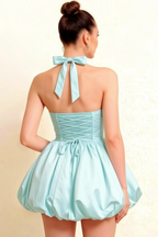 Carolyn Powder Blue Lace-up Halter Mini Dress with Ruching